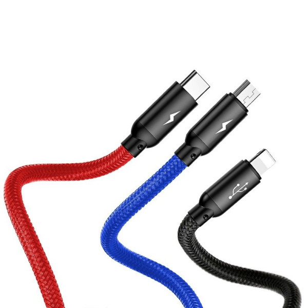 „Baseus Rapid“ USB laidas „3in1“ tipo C / „Lightning“ / „Micro 3A 12M“ – juodas