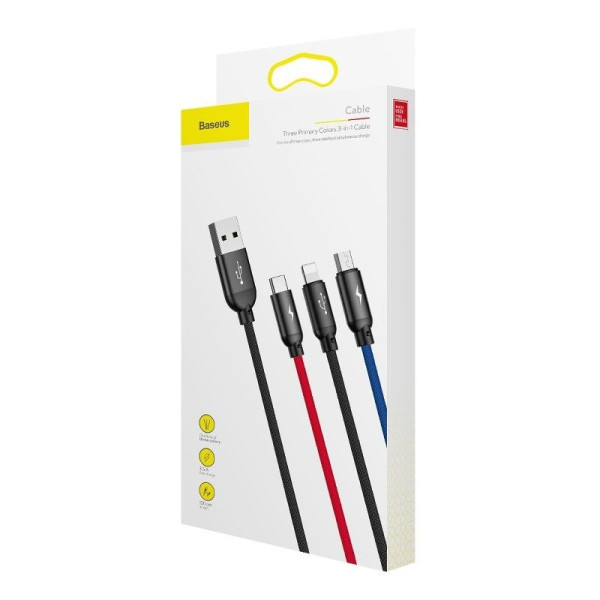 „Baseus Rapid“ USB laidas „3in1“ tipo C / „Lightning“ / „Micro 3A 12M“ – juodas