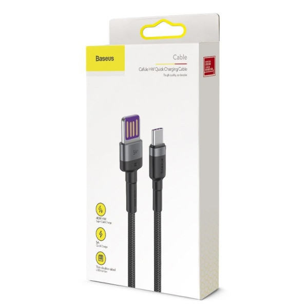„Baseus Cafule“ USB-C laidas „Huawei SuperCharge“ QC 30 5A 1 m juoda + pilka