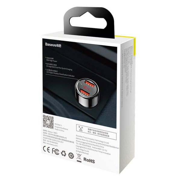 Baseus Magic 2x USB QC 30 45W automobilinis įkroviklis juodas
