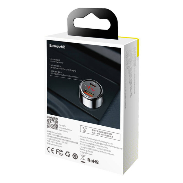 Baseus Magic USB + USB-C QC 40 PD 45W automobilinis įkroviklis juodas