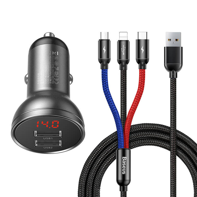 „Baseus“ automobilinis įkroviklis su 24 W ekranu + „Baseus Three Primary Colors“ trys viename USB laidas 12 m „Baseus“ automobilinis įkroviklis su 24 W ekranu + „Baseus Three Primary Colors“ trys viename USB laidas 12 m