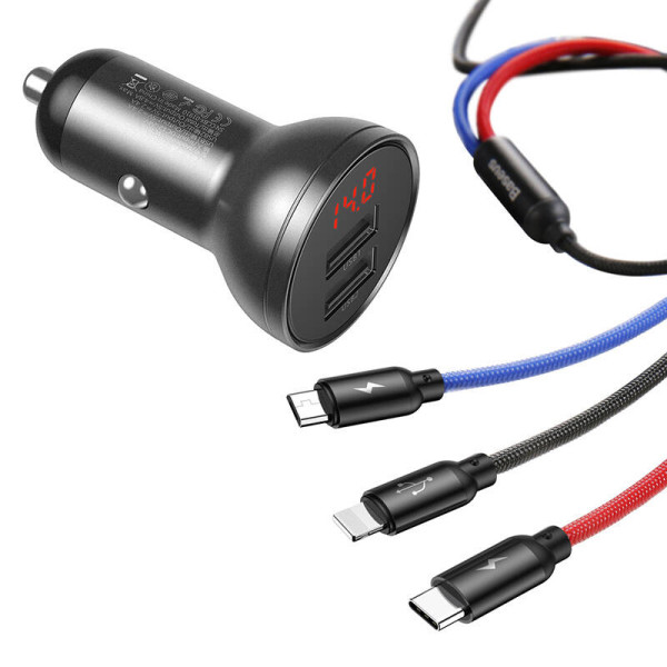 „Baseus“ automobilinis įkroviklis su 24 W ekranu + „Baseus Three Primary Colors“ trys viename USB laidas 12 m