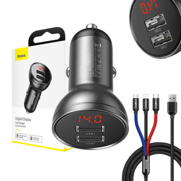 „Baseus“ automobilinis įkroviklis su 24 W ekranu + „Baseus Three Primary Colors“ trys viename USB laidas 12 m