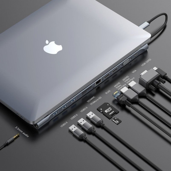 „Baseus Enjoyment“ serijos daugiafunkcis C tipo išmanusis HD HUB PD/HD4K2/VGA/RJ45/SD/TF/USB3/Audio1/Stovas Ta