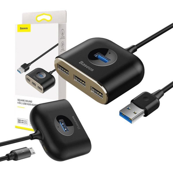 „Baseus“ kvadratinis apvalus USB adapteris HUB USB 30 iki 1x USB 30 + 3x USB 201m juodas