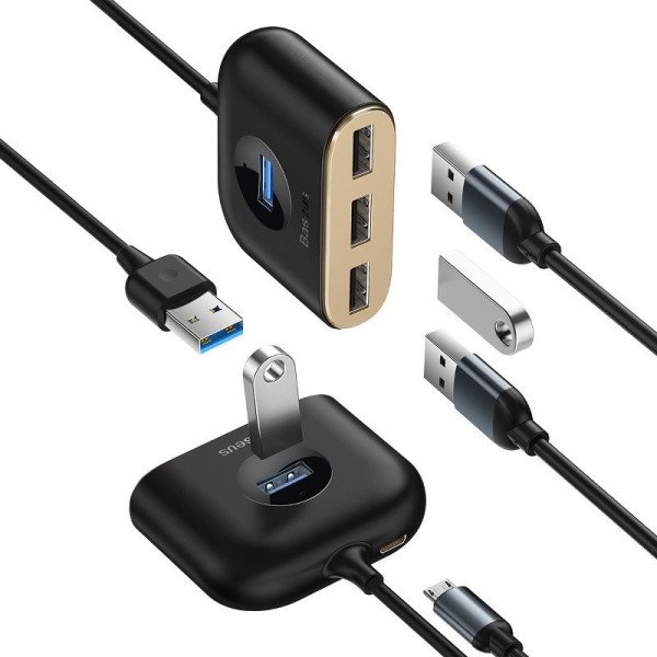 „Baseus“ kvadratinis apvalus USB adapteris HUB USB 30 iki 1x USB 30 + 3x USB 201m juodas