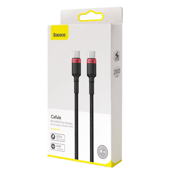 Baseus Cafule PD20 100 W blykstės įkrovimas USB C tipo kabeliui 20V 5A 2m raudona+juoda