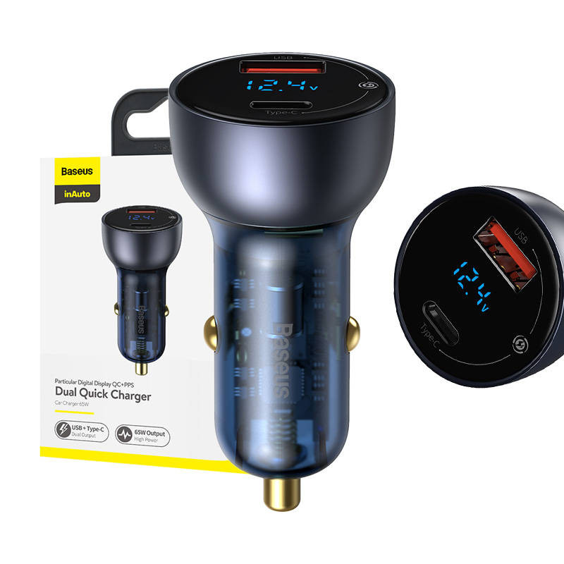 „Baseus Particular Digital Display“ automobilinis įkroviklis su ekranu USB + USB-C QC30+PD 5A 65 W pilka „Baseus Particular Digital Display“ automobilinis įkroviklis su ekranu USB + USB-C QC30+PD 5A 65 W pilka