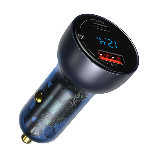 „Baseus Particular Digital Display“ automobilinis įkroviklis su ekranu USB + USB-C QC30+PD 5A 65 W pilka