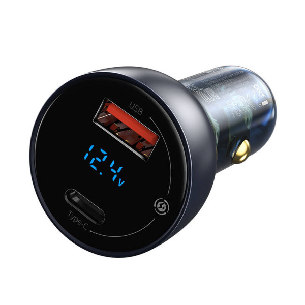 „Baseus Particular Digital Display“ automobilinis įkroviklis su ekranu USB + USB-C QC30+PD 5A 65 W pilka