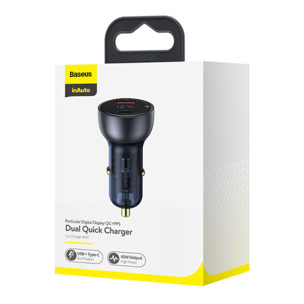 „Baseus Particular Digital Display“ automobilinis įkroviklis su ekranu USB + USB-C QC30+PD 5A 65 W pilka