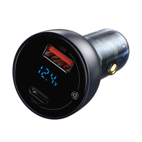 „Baseus Particular Digital Display“ automobilinis įkroviklis su ekranu USB + USB-C QC30+PD 5A 65 W pilkas + 