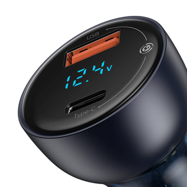 „Baseus Particular Digital Display“ automobilinis įkroviklis su ekranu USB + USB-C QC30+PD 5A 65 W pilkas + 
