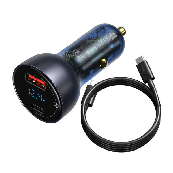„Baseus Particular Digital Display“ automobilinis įkroviklis su ekranu USB + USB-C QC30+PD 5A 65 W pilkas + 