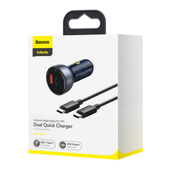 „Baseus Particular Digital Display“ automobilinis įkroviklis su ekranu USB + USB-C QC30+PD 5A 65 W pilkas + 