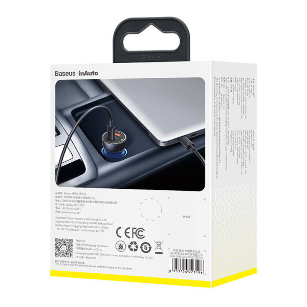 „Baseus Particular Digital Display“ automobilinis įkroviklis su ekranu USB + USB-C QC30+PD 5A 65 W pilkas + 