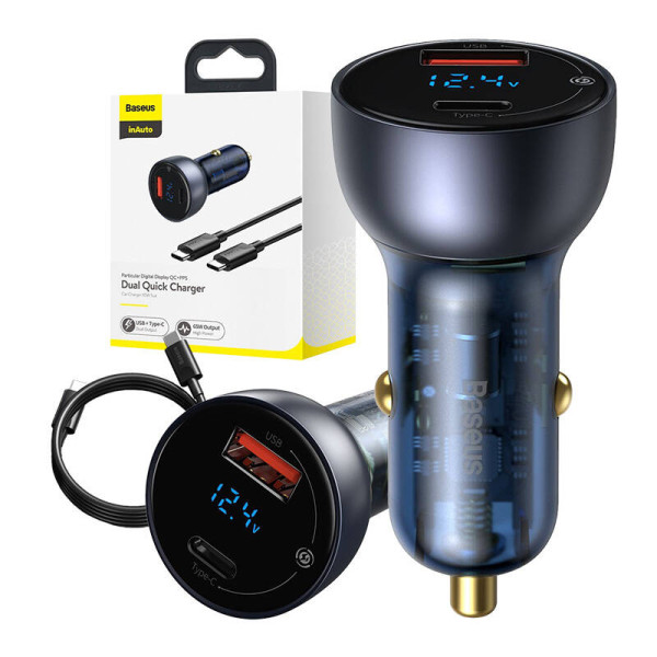 „Baseus Particular Digital Display“ automobilinis įkroviklis su ekranu USB + USB-C QC30+PD 5A 65 W pilkas + 