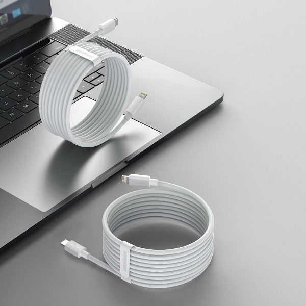 „Baseus Simple Wisdom“ duomenų kabelio rinkinys USB-C su „Lightning PD 20W“ 2 vnt / rinkinys 15 m baltas