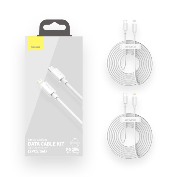 „Baseus Simple Wisdom“ duomenų kabelio rinkinys USB-C su „Lightning PD 20W“ 2 vnt / rinkinys 15 m baltas