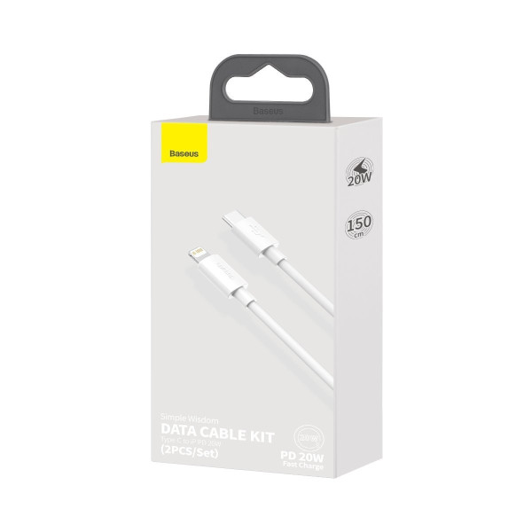 „Baseus Simple Wisdom“ duomenų kabelio rinkinys USB-C su „Lightning PD 20W“ 2 vnt / rinkinys 15 m baltas