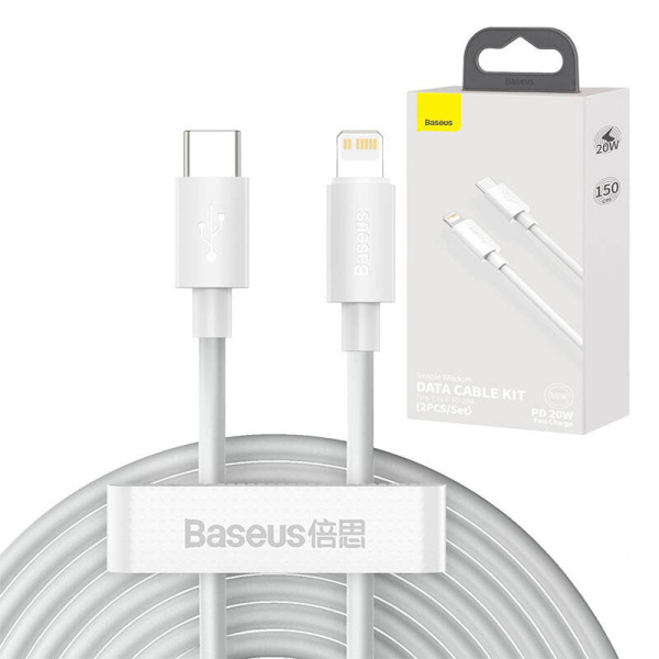 „Baseus Simple Wisdom“ duomenų kabelio rinkinys USB-C su „Lightning PD 20W“ 2 vnt / rinkinys 15 m baltas