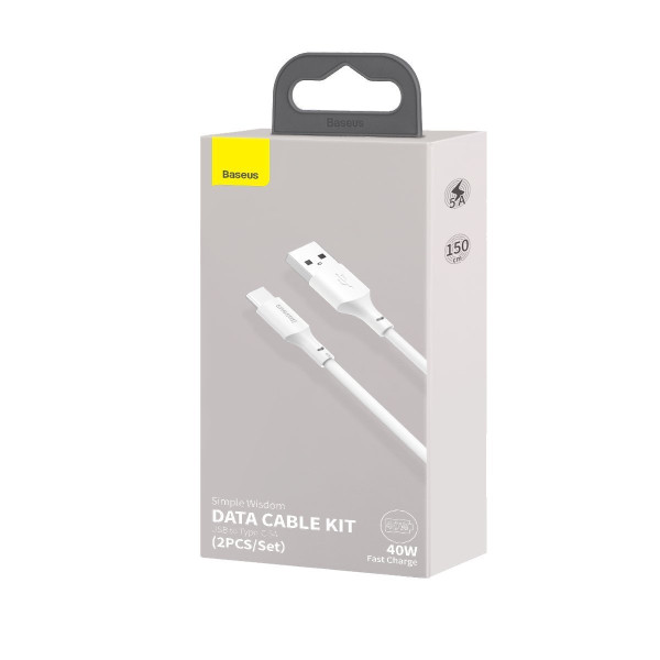 „Baseus Simple Wisdom“ duomenų kabelio rinkinys iš USB į Type-C 5A 2 vnt/komplektas）15 m baltas