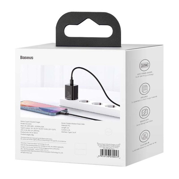 Baseus Super Si Quick Charger 1C 20W su USB-C laidu skirtas Lightning 1m juodas