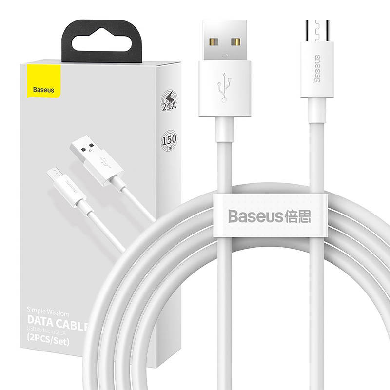 „Baseus Simple Wisdom“ duomenų kabelio rinkinys iš USB į „Micro 21A“ 2 vnt / rinkinys 15 m baltas „Baseus Simple Wisdom“ duomenų kabelio rinkinys iš USB į „Micro 21A“ 2 vnt / rinkinys 15 m baltas