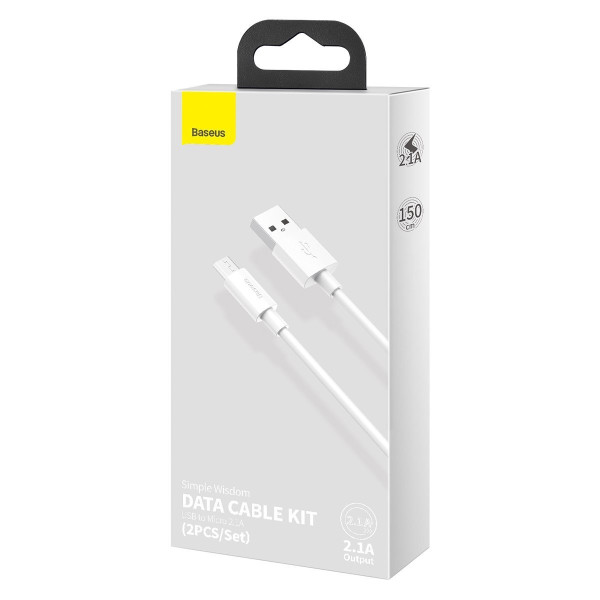 „Baseus Simple Wisdom“ duomenų kabelio rinkinys iš USB į „Micro 21A“ 2 vnt / rinkinys 15 m baltas