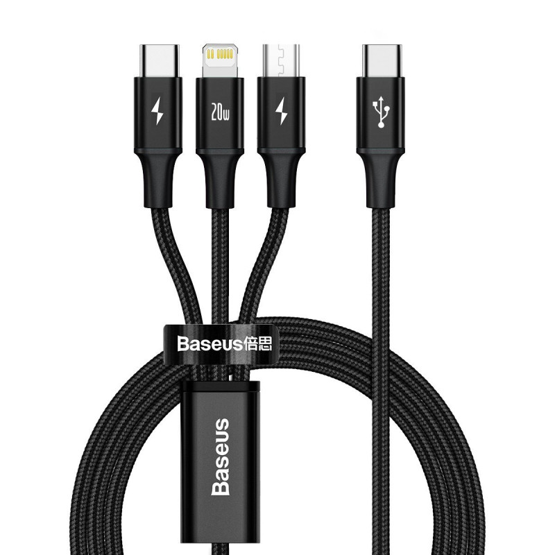 „Baseus Rapid“ serijos „trys viename“ kabelis USB-C skirtas M+L+T 20 W 15 m juodas „Baseus Rapid“ serijos „trys viename“ kabelis USB-C skirtas M+L+T 20 W 15 m juodas