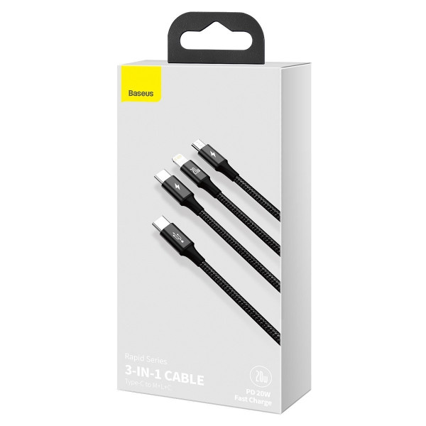 „Baseus Rapid“ serijos „trys viename“ kabelis USB-C skirtas M+L+T 20 W 15 m juodas