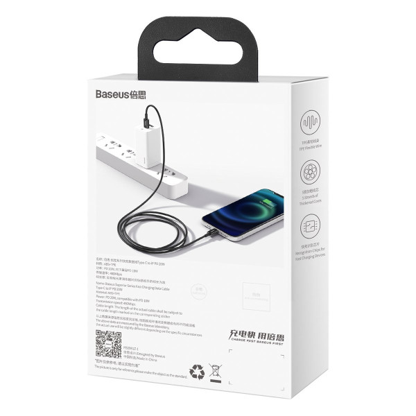 „Baseus Superior“ serijos USB-C laidas iki „iP“ 20 W PD 1 m juodas