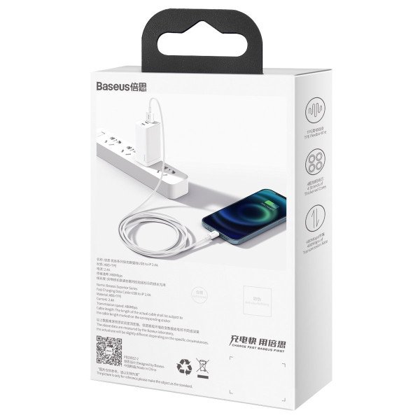 „Baseus Superior“ serijos USB kabelis su „Lightning 24A“ 15 m baltas