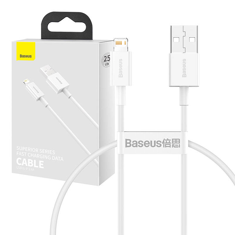 „Baseus Superior“ serijos USB kabelis su „Lightning“ 24 A 025 m baltas „Baseus Superior“ serijos USB kabelis su „Lightning“ 24 A 025 m baltas