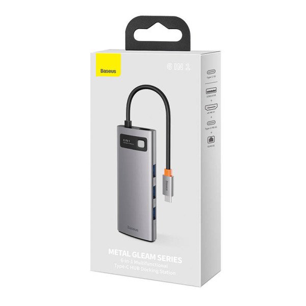 Hub 6in1 Baseus Metal Gleam Series USB-C iki 3x USB 30 + HDMI + USB-C PD + Ethernet RJ45