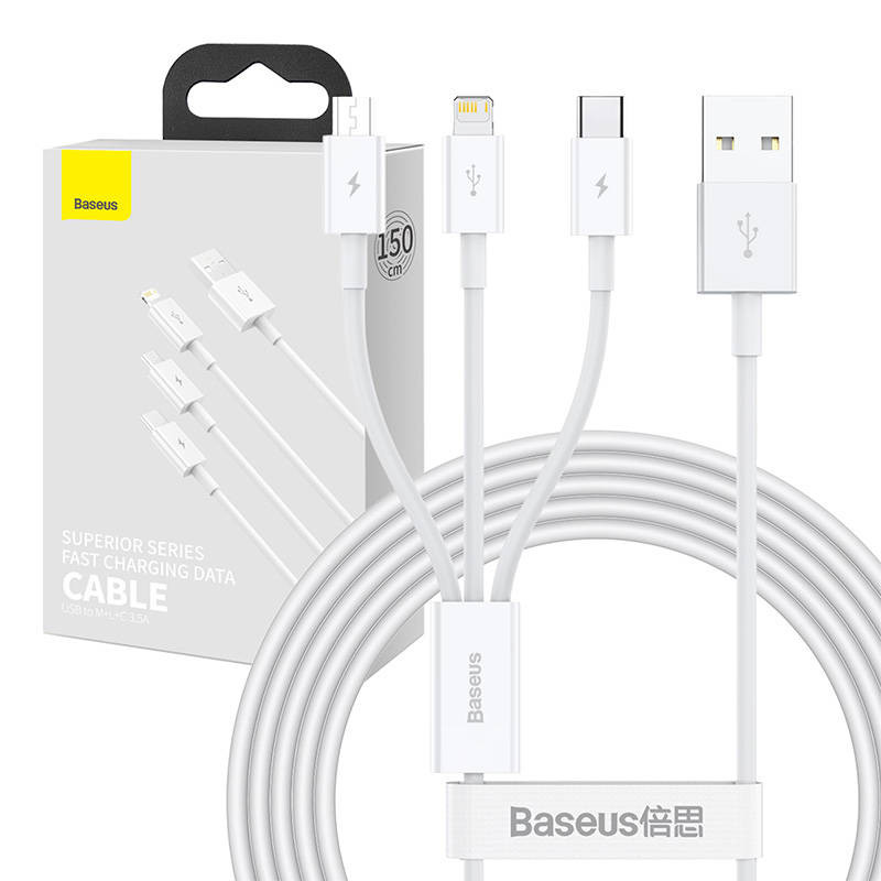 USB kabelis 3in1 Baseus Superior Series USB į mikro USB / USB-C / Lightning 35A 12m balta USB kabelis 3in1 Baseus Superior Series USB į mikro USB / USB-C / Lightning 35A 12m balta