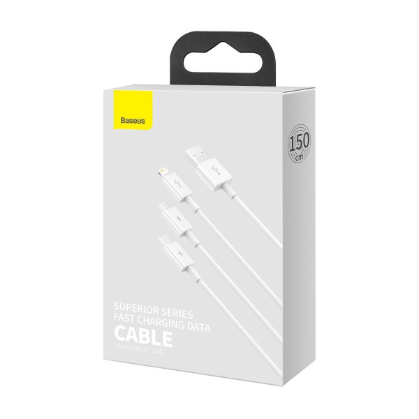 USB kabelis 3in1 Baseus Superior Series USB į mikro USB / USB-C / Lightning 35A 12m balta