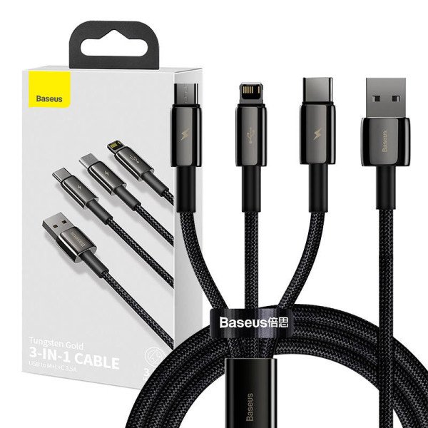 USB laidas 3in1 Baseus Tungsten Gold USB į mikro USB / USB-C / Lightning 35A 15m juodas