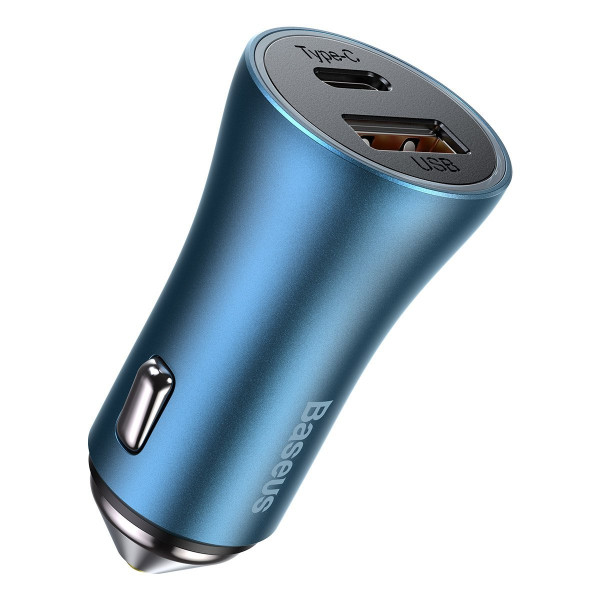 Baseus Golden Contactor Pro automobilinis įkroviklis USB + USB-C QC40+ PD SCP 40W mėlyna + USB-C - žaibo laid