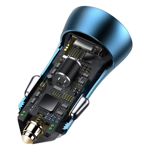 Baseus Golden Contactor Pro automobilinis įkroviklis USB + USB-C QC40+ PD SCP 40W mėlyna + USB-C - žaibo laid
