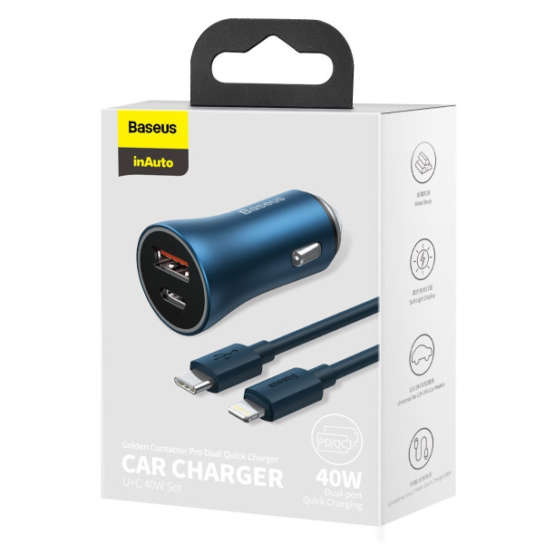 Baseus Golden Contactor Pro automobilinis įkroviklis USB + USB-C QC40+ PD SCP 40W mėlyna + USB-C - žaibo laid