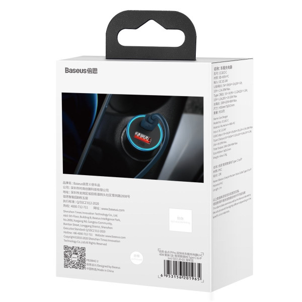 Baseus Golden Contactor Pro automobilinis įkroviklis USB + USB-C QC40+ PD SCP 40W mėlyna + USB-C - žaibo laid