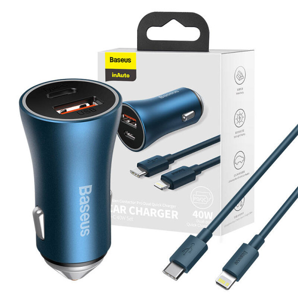 Baseus Golden Contactor Pro automobilinis įkroviklis USB + USB-C QC40+ PD SCP 40W mėlyna + USB-C - žaibo laid