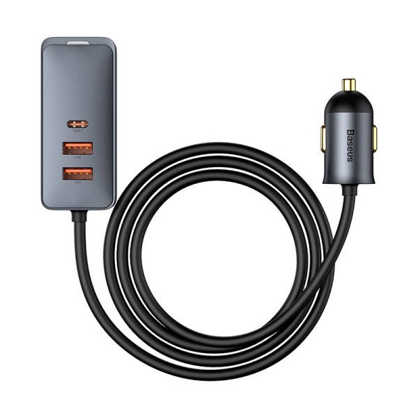 Automobilinis įkroviklis Baseus Share Together su ilginamuoju laidu 3x USB USB-C 120W pilka