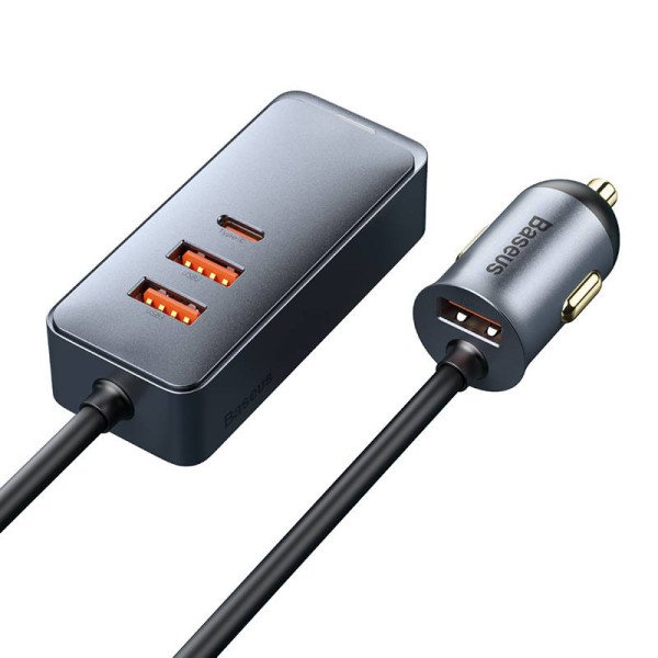 Automobilinis įkroviklis Baseus Share Together su ilginamuoju laidu 3x USB USB-C 120W pilka