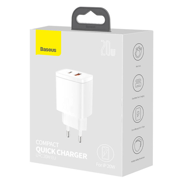 „Baseus“ kompaktiškas greitas įkroviklis USB USB-C 20 W balta