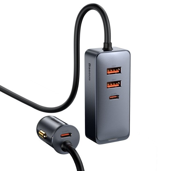 Automobilinis įkroviklis Baseus Share Together su ilginamuoju laidu 2x USB 2x USB-C 120W pilka