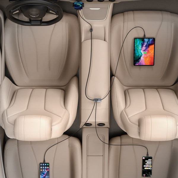Automobilinis įkroviklis Baseus Share Together su ilginamuoju laidu 2x USB 2x USB-C 120W pilka