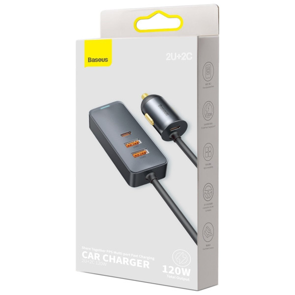 Automobilinis įkroviklis Baseus Share Together su ilginamuoju laidu 2x USB 2x USB-C 120W pilka
